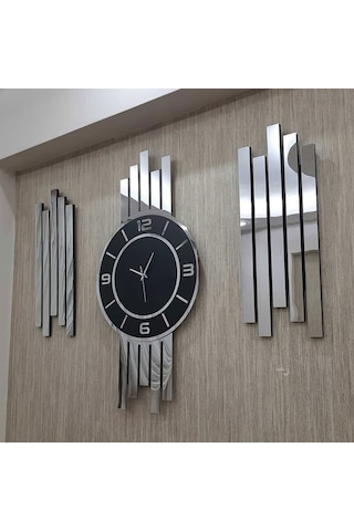 Gümüş Renk Aynalı Pleksi Modern Tasarım Oval Duvar Saati Tablo 3 Lü Set Sessiz Mekanizma Saat 70x35cm Tablo 50x20 Cm Ahşap - Gümüş - Siyah