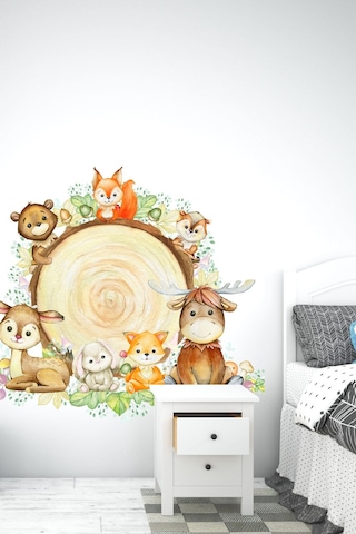 MSticker Kütükte Sevimli Hayvanlar Çocuk Bebek Odası Duvar Sticker 60x70cm