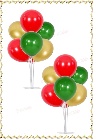 2 Adet Balon Standı 14 Adet Yeşil Kırmızı Gold Yılbaşı Balon Set