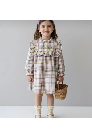 Ekose Çiçek Nakış Detaylı Kız Çocuk Elbise - Yeşil Yeşil