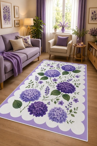 Floral Mor Ortanca Desen Baskılı Kaymaz Yıkanabilir Salon Oturma Odası Mutfak Balkon Halısı Yolluk
