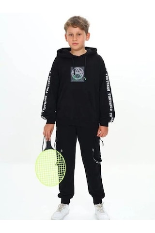 Çocuk Kapüşonlu Stay Strong Yazılıi Sweatshirt-14816 Siyah