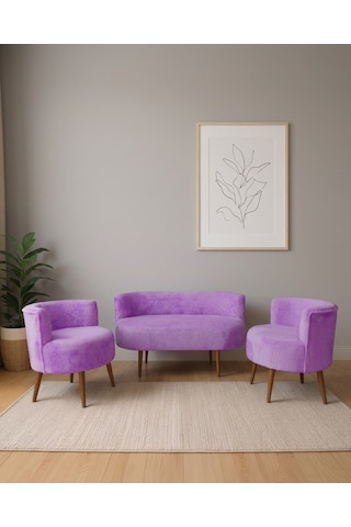 Sydney 2+1+1 Welsoft Tüylü Yumuşak Kumaş Balkon Çay Seti Koltuk Takımı - Ahşap Ayak - Lila