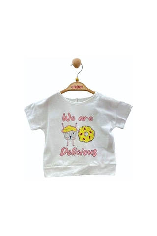 Çikoby Kız Bebek Pamuklu Donat Baskılı T-shirt-13895 Beyaz