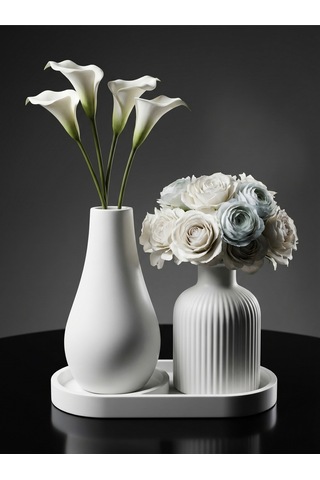 3'lü Şık Dekoratif Set 13cm Vazo & 10cm Çizgili Pampas Vazosu - Hediyelik - Dekor - Obje - Biblo - Taş Tozu Çok Renkli