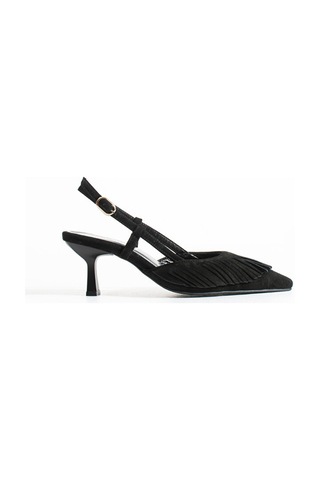Dericia Shoes Jewel Hakiki Deri Süet Püskül Detaylı Kadın İnce Topuklu Ayakkabı Siyah