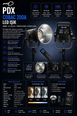 Pdx Cobac 200a Led Işık 200w Bi-color Profesyonel Stüdyo Işığı