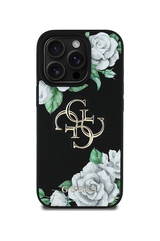 Apple Uyumlu iPhone 15 Pro Max Kılıf Guess Lisanslı Gül Baskılı Büyük Metal Logo Dizaynlı Kapak Siyah
