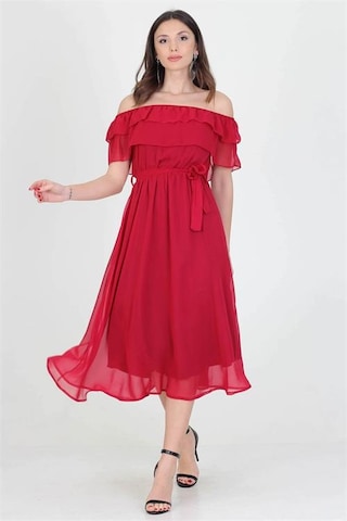 Neşeli Butik Kadın Yeni Sezon Madonna Yaka Bağlama Detaylı Şifon Elbise Ry8060 Bordo
