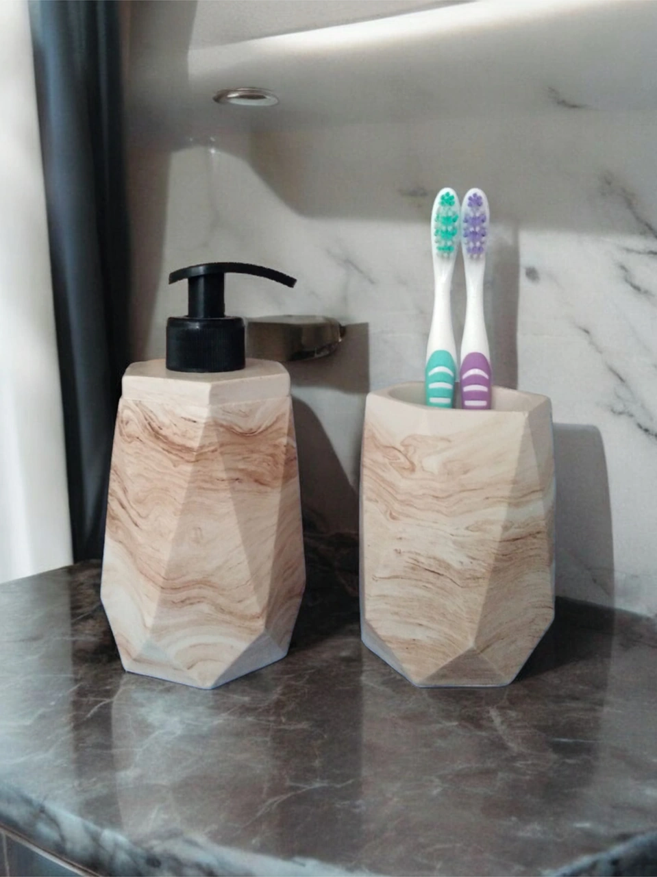 Marble Bej Sıvı Sabunluk Ve Diş Fırçalık Bej