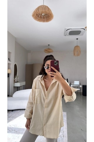 Defymoda Kadın Tek Cepli Over Size Ketem Gömlek Vizon
