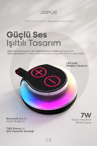 Jopus Rgb Led Işıklı Askı Kayışlı Ipx5 Bluetooth Hoparlör 7w Güçlü Ses 1200 Mah, Usb Tf Destekli - S12