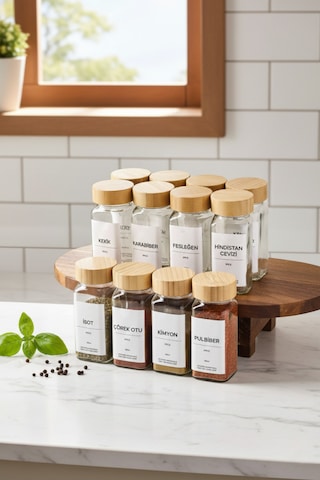 Kapris12'li Bambu Kapaklı Kare Formlu Cam Baharatlık Seti 120 ml / 16 Adet Etiket Hediye