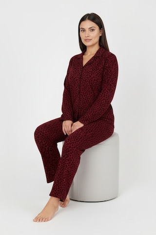 Bravie Luxury Soft Bordo Leopar Desenli Uzun Kollu Kadın Pijama Takımı Büyük Beden 3002 Bordo