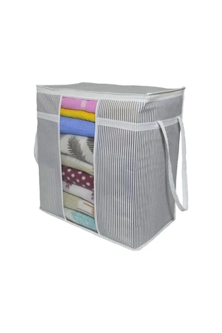 Pencereli Saklama Çantası Çizgili Çok Amaçlı 50x45x30 Cm Gri-beyaz