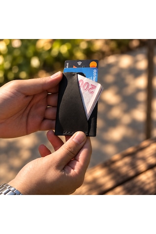 Hemlabel El Yapımı Hakiki Deri Kartlık Cüzdan - Minimal Kartlık Ve Para Bölmeli - Kişiye Özel İsim Baskılı Siyah