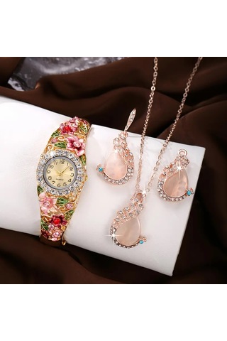 Bayan Kore Stili Moda 3d Çiçek Taşlı Süsleme Takı Saat Kombini Altın