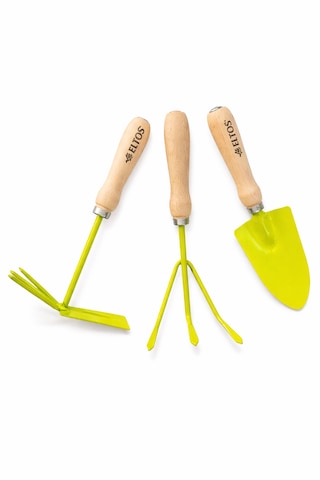 Mini Bahçe El Aletleri 3 Lü Set Dayanıklı Ahşap Saplı Çapa, Kürek, Tırmık Balkon Ve Saksı Bahçesi İçin