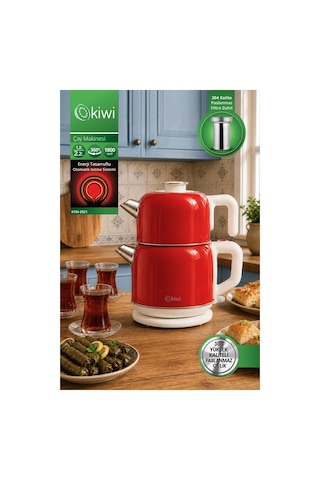 Kiwi Ktm-2921 Paslanmaz Çelik Çay Makinesi 1800w & 2.2 L Su Isıtıcı & 1.2 L Demlik & 90 C Sıcak Tutma