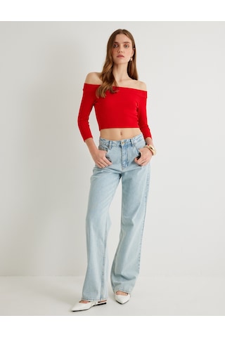 Koton Omzu Açık Crop Tişört Dirsek Boy Kol Pamuklu Slim Fit Kırmızı 4sak50021pk Kırmızı