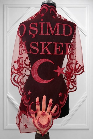 Azra Kına Kırmızı Simli O Şimdi Asker Yazılı, Asker, Sağdıç Kına Omuz Örtüsü, Kına Örtüsü, Asker Örtüsü Şalı, Söz Nişan Düğün Asker Kına Örtüsü