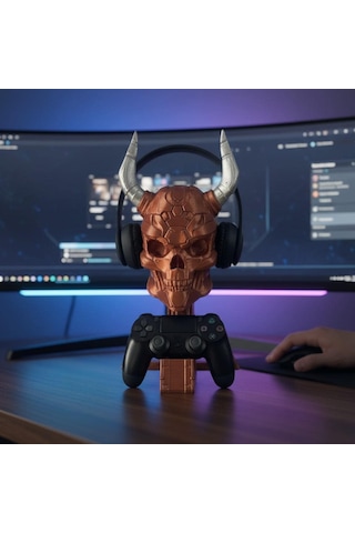 Happy3dworld Siber Kafatası Kulaklık Ve Kumanda Standı, 3d Baskı Bakır-gümüş Metalik