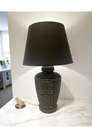 Gümüş Renk Eskitme El Yapımı Sümer Dekoratif Abajur - Siyah Siyah