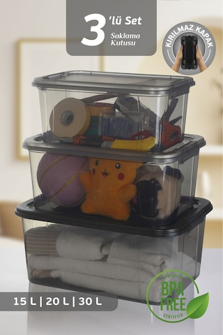 3'lü 15-20-30 L Çok Amaçlı Saklama Kabı Seti - Kilitli Kapak Banyo Mutfak Düzenleyici Saklama Kutusu Siyah