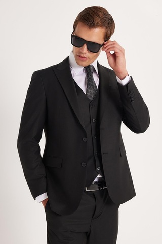 Tudors Erkek Slim Fit Siyah Esnek Likralı Kumaş Sivri Yaka Yelekli Takım Elbise-33907 Siyah