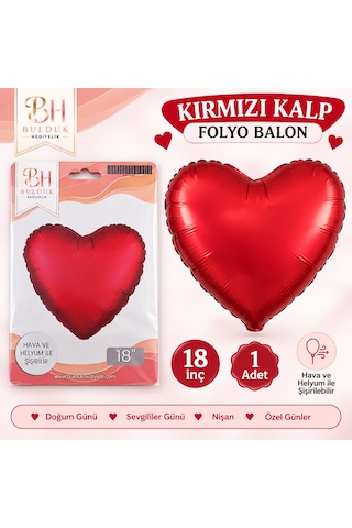 Kırmızı Kalp Folyo Balon 18 İnç Helyum Ve Hava İle Şişirilebilir