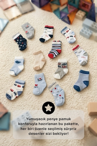 Socketta 5'li Karışık Renkli Sürpriz Paket Erkek Bebek Pamuk Desenli Soket Çorap - Premium Çok Renkli