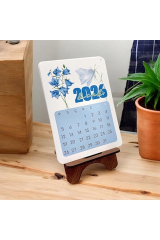 2026 Takvim - Çiçek Desenli Standlı Masaüstü Takvim- Ahşap Telefon Tutucu