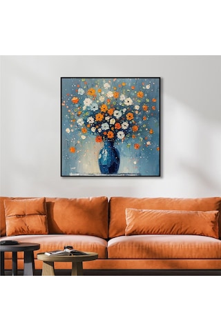 Yağlı Boya Dokulu Tablo Vazoda Renkli Modern Çiçekler Siyah Çerçeveli U02061-178914