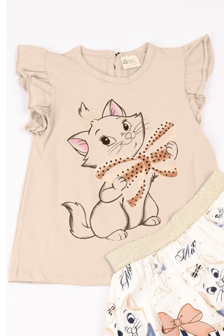 Kız Çocuk Takım Etekli Kedi Baskılı Kol Detaylı A66 Taş Rengi