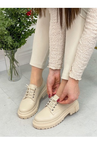 Erva'nın Butiği Bej Cilt College Kadın Bağcıklı Loafer-4094