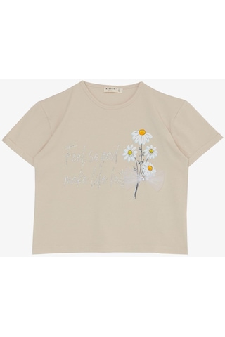 Breeze Kız Çocuk Taytlı Takım Çiçek & Yazı Baskılı Fiyonklu 5-10 Yaş, Bej-bej Bej