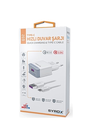 Syrox Q32 Type-C Girişli 3.0 Amper 18 W Hızlı Şarj Aleti