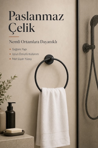 Paslanmaz Çelik Yuvarlak Yapışkanlı Siyah Yuvarlak Havluluk Banyo Askılığı