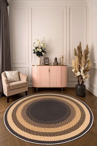 Zeminde Sıcaklık Örgü Desen Görünümlü Yuvarlak Kaymaz Taban Halı Bej - Kahve