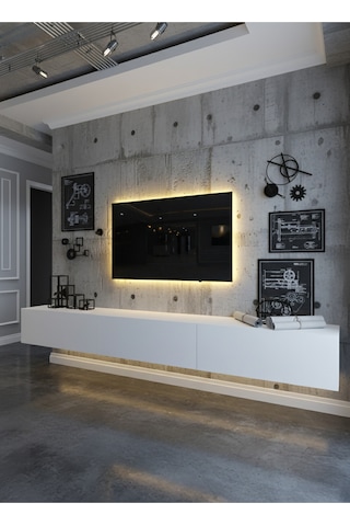 Resital Ledli Duvara Monte Tv Sehpası - Beyaz - W6008-1 Beyaz
