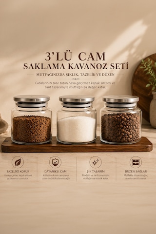 Porsima 4408 Bormio Metal Kapaklı 3lü Cam Kavanoz Seti Vakum Kapaklı Saklama Düzenleme Kabı Seti 650ml