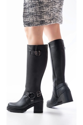 Siyah Toka Aksesuarlı Fermuarlı Günlük Kalın Topuklu Kadın Bot Siyah