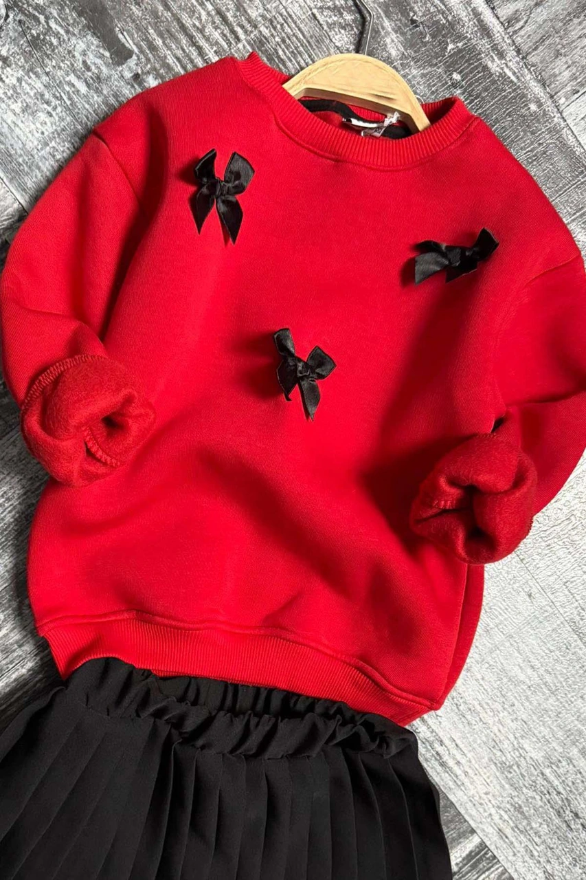 Riccotarz Kız Çocuk Kurdela Detaylı 3 İplik Kazak Pileli Siyah Etekli Takım Siyah