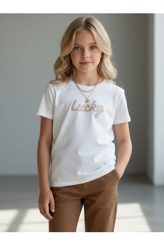 Zekids Kız Çocuk Lucky Baskılı Pamuklu T-shirt-16886 Ekru Kahve