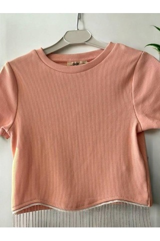 Zekids Kız Çocuk Zincirli Fitilli Crop T-shirt-14396 Somon