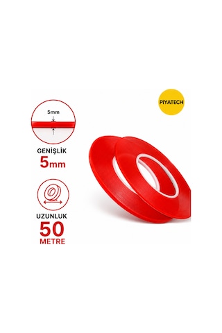 Kırmızı Şeffaf Çift Taraflı Silikon Bant 5 Mm X 50 Metre Güçlü Montaj Bandı