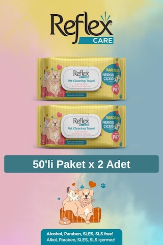 Reflex Care Nergis Çiçeği Kokulu Evcil Hayvan Temizleme Havlusu 50'li X 2 Adet