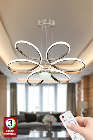 Fuzon Orkide Led Avize Büyük Salon Avize 3 Renk Kumandalı Aviz Gri - Gümüş