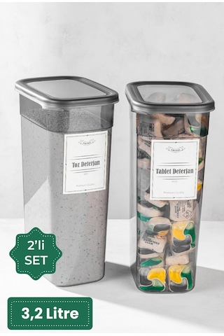 Vienev Etiketli 2 Adet Toz Ve Tablet Deterjan Saklama Kutusu Deterjan Saklama Kabı 3,2 Litre