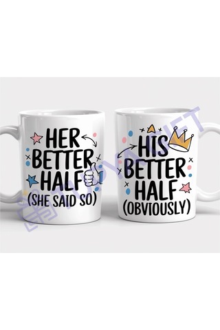 Mizahi Çift Kupası Seti - "her Better Half" Ve "his Better Half" Beyaz